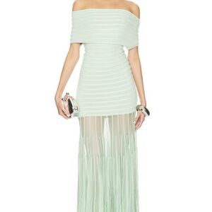Alexis Marce Off-Shoulder Mint Fringe Maxi Dress